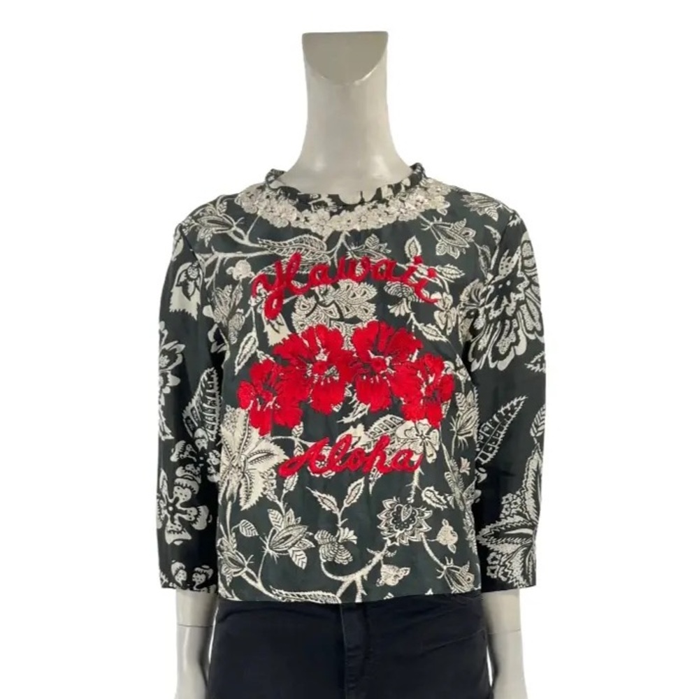 Isabel Marant Black Floral Embroidered 'Hawaii Aloha' Silk Organza Top
